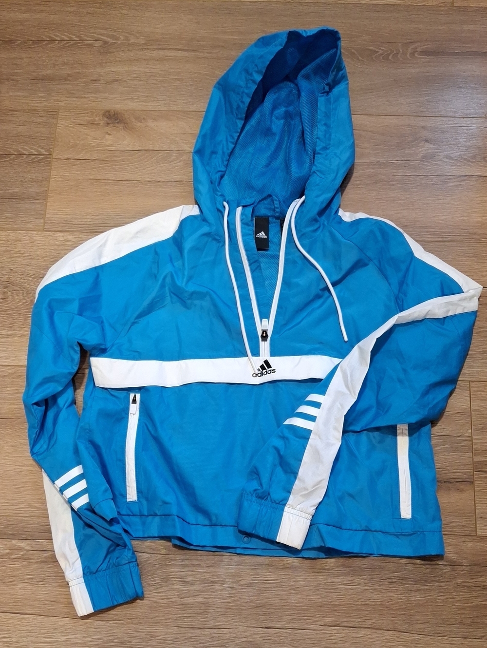 adidas Youth Blue Hooded Rain Anorak with White Stripes
